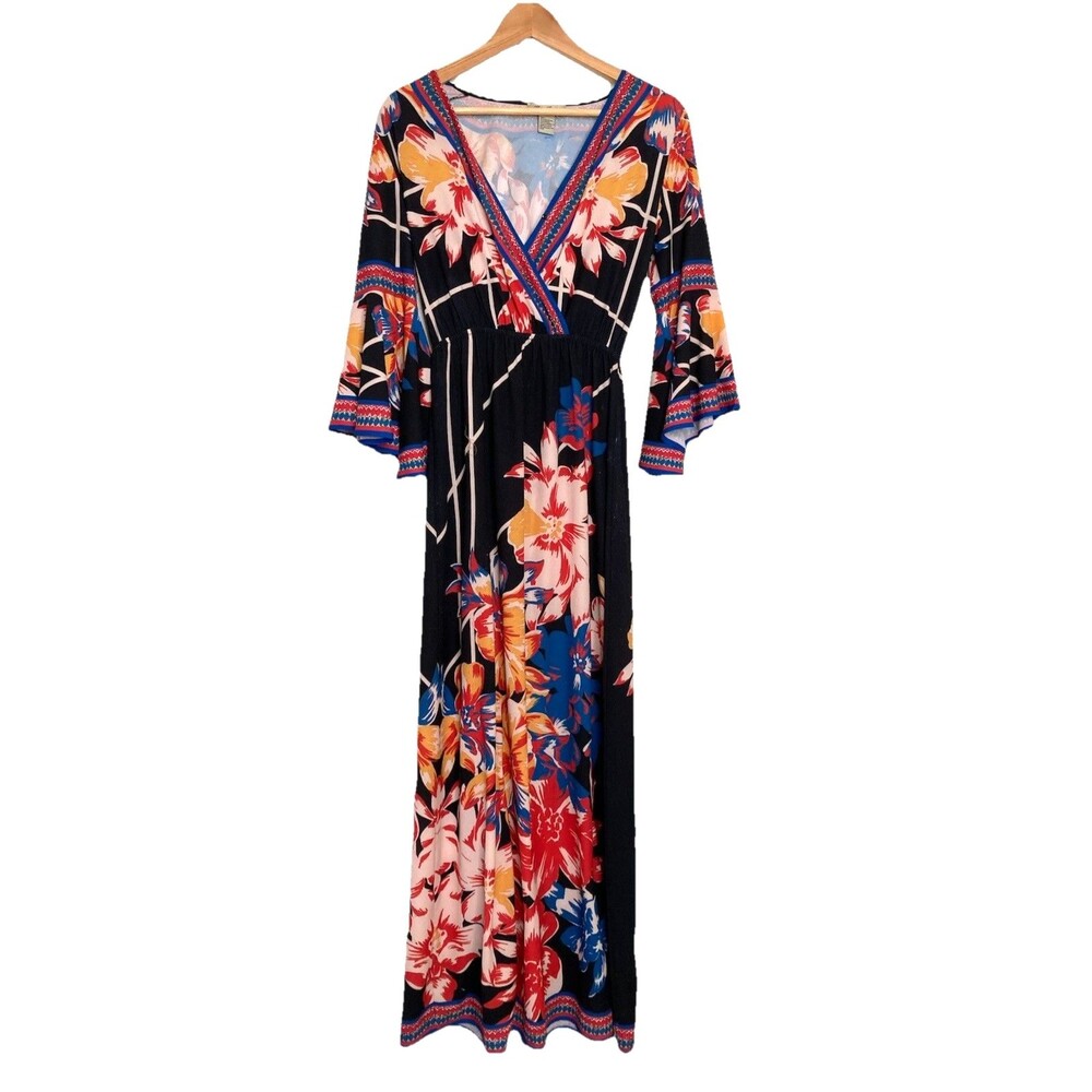 Flying Tomato Floral Maxi Dress Womens XS Bell Sleeves Colorful V- Neck Hawaiian